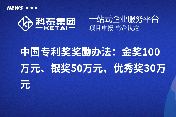 中國專利獎：金獎100萬元、銀獎50萬元、優(yōu)秀獎30萬元（省級）