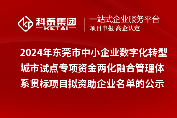 2024年東莞市中小企業(yè)數(shù)字化轉(zhuǎn)型城市試點專項資金兩化融合管理體系貫標(biāo)項目擬資助企業(yè)名單的公示